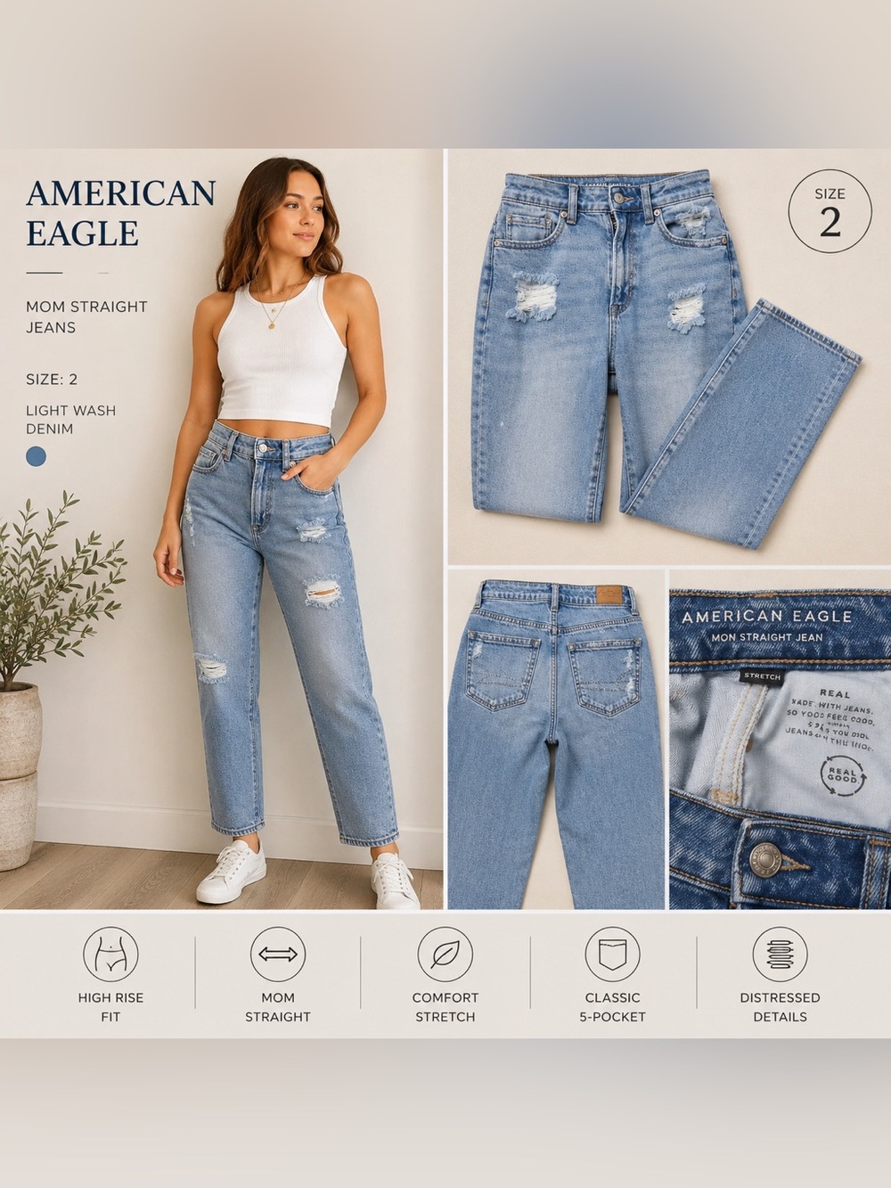 American Eagle Outfitters Light Wash Distressed Mom Straight Jeans